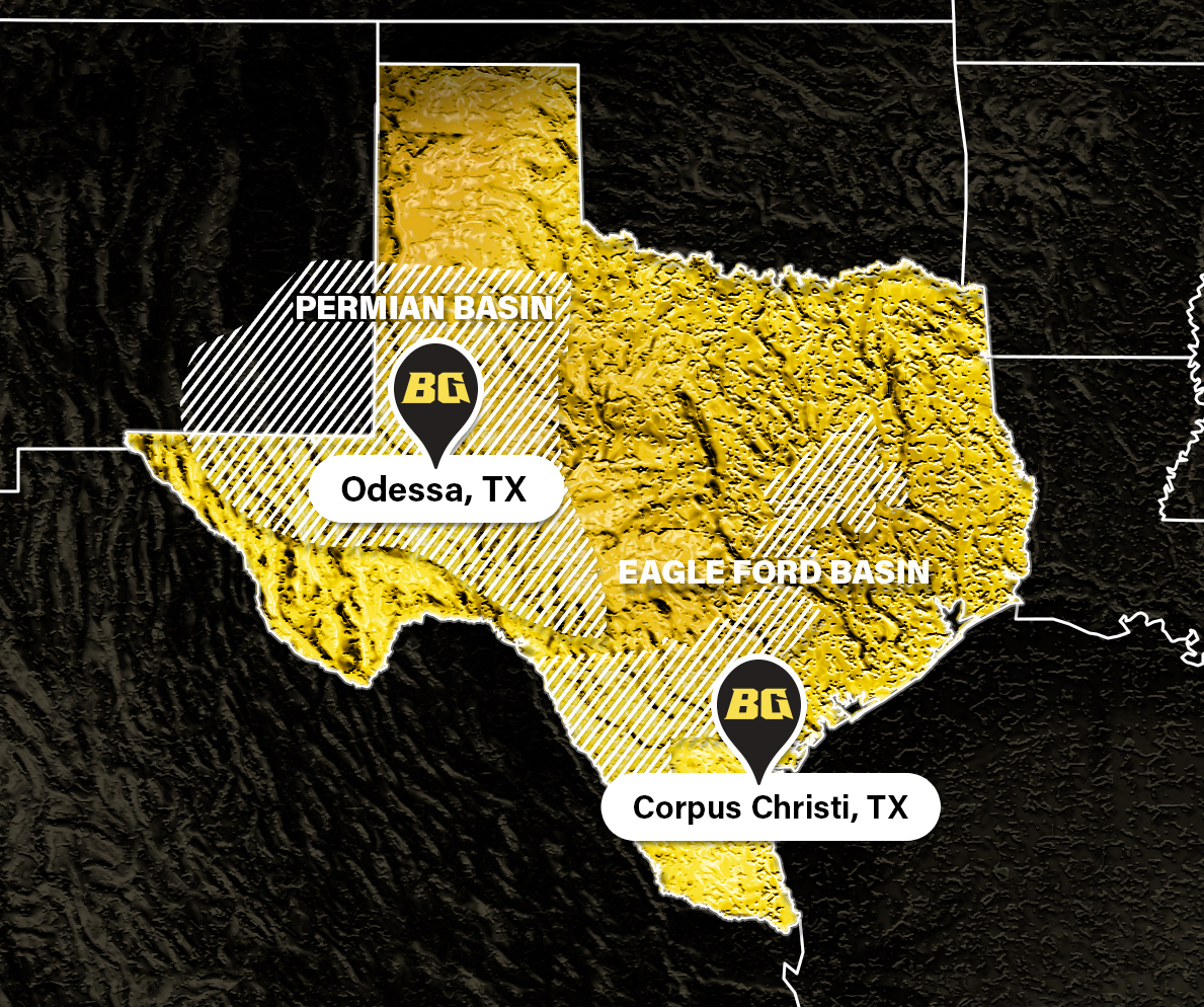 Yellow map of Texas, showing two Black Gold Rental Tools locations serving the Permian Basin and Eagle Ford Basin in South and West Texas.