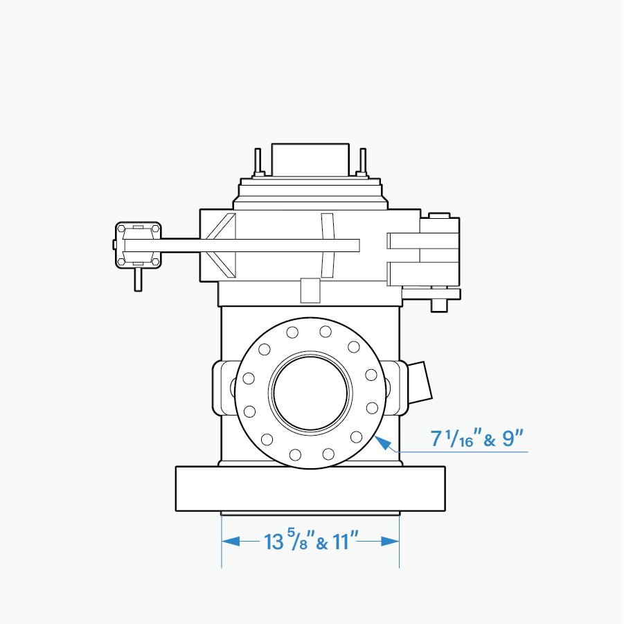 Black Gold Tool Rentals Intermediate Pressure Rotation Control Device Technical Illustration front view, showing measurements
